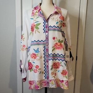 John Mark "Fresh Start" Button Down Embroidered Blouse